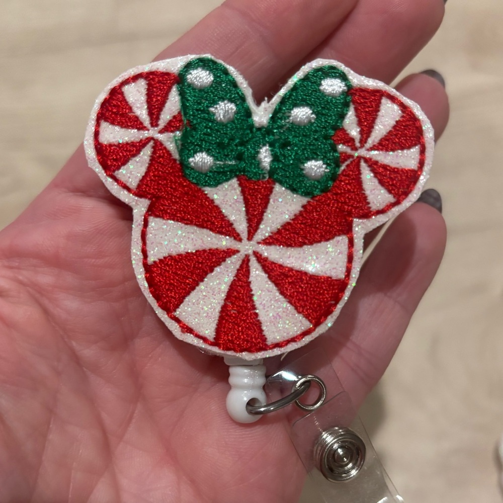 Red and Green Peppermint Mouse Badge Reel